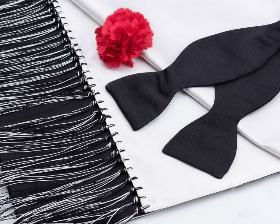 Black Single End Bow Ties in Silk Satin and Silk Moire with Evening Scarf in Black & White Silk Satin and Red Carnation Boutonniere
