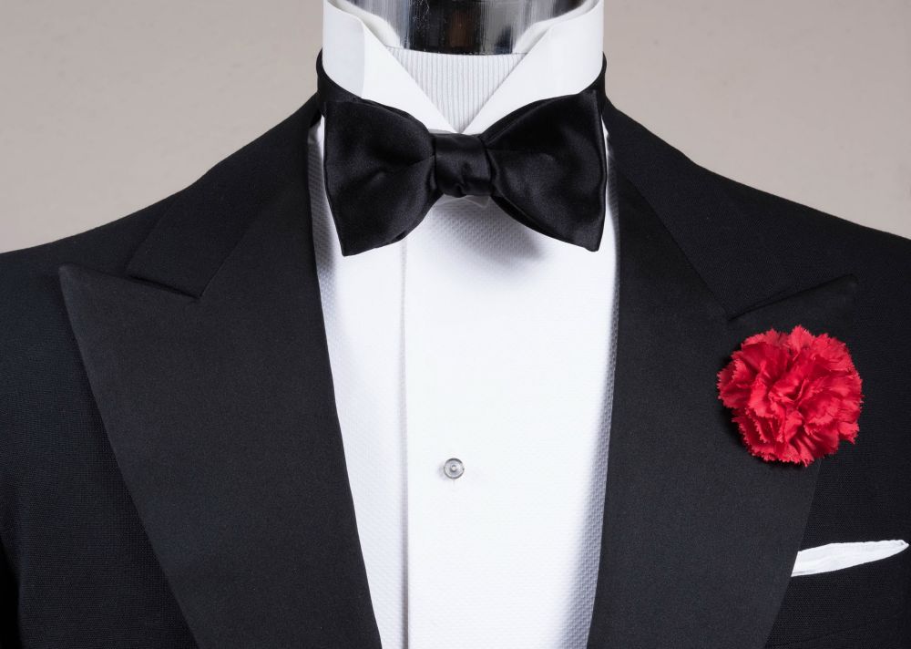 Black Bow Tie in Silk Satin Sized Butterfly Self Tie with Red Carnation Boutonniere and Classic White Irish Linen Pocket Square-original
