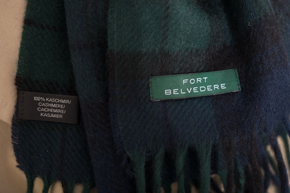 Black watch Blackwatch Tartan Scarf in Dark Blue Navy, Black, Green Cashmere Scarf by Fort Belvedere with Burberry Trench Coat