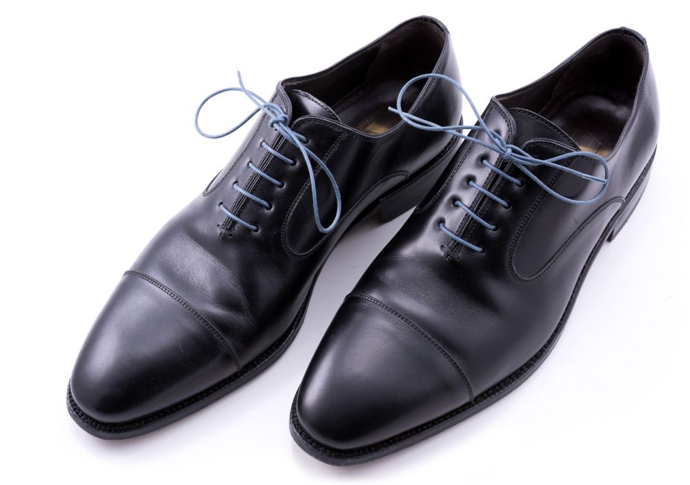 Blue Grey Shoelaces Round Luxury Waxed Cotton Dress Shoe Laces by Fort Belvedere in action