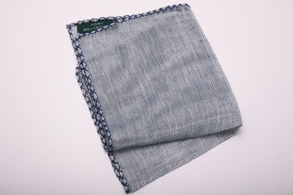 Dark Blue Handcrafted Linen Pocket Square with Navy Blue Handrolled X Stitch - Fort Belvedere