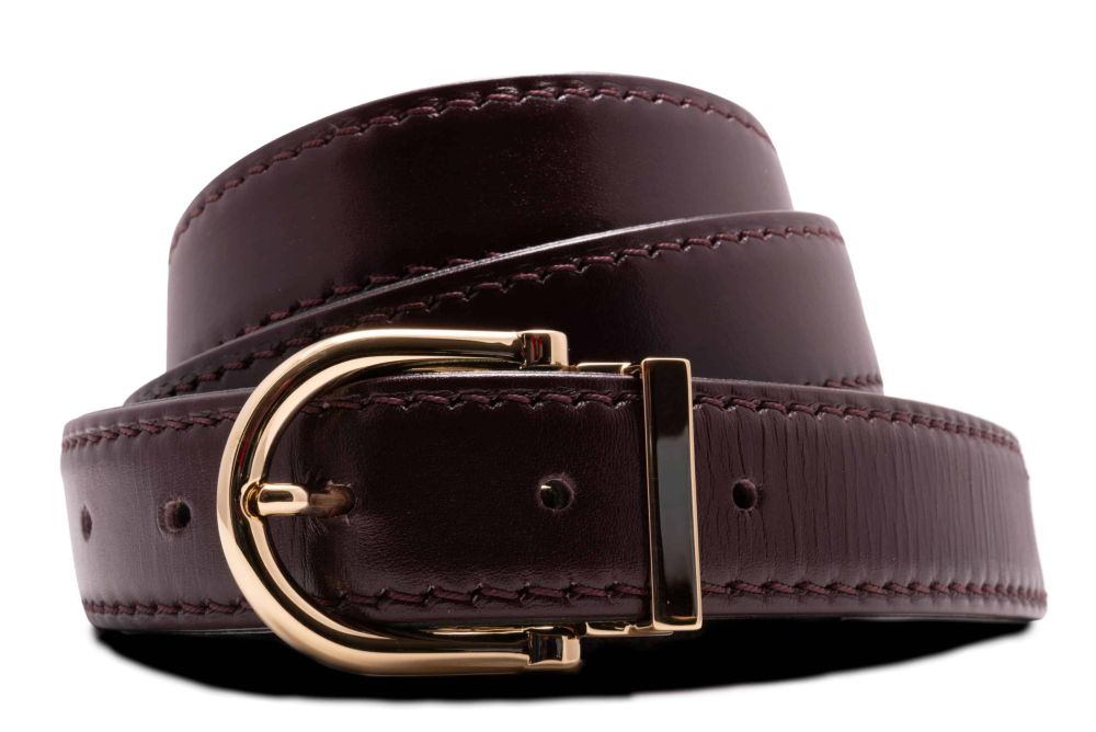 Burgundy Cordovan Oxblood Boxcalf Leather Belt with Alastair Gold Solid Brass Belt Buckle Classic Round Exchangeable with Gold Plating Hypoallergenic Nickel Free - Fort Belvedere 