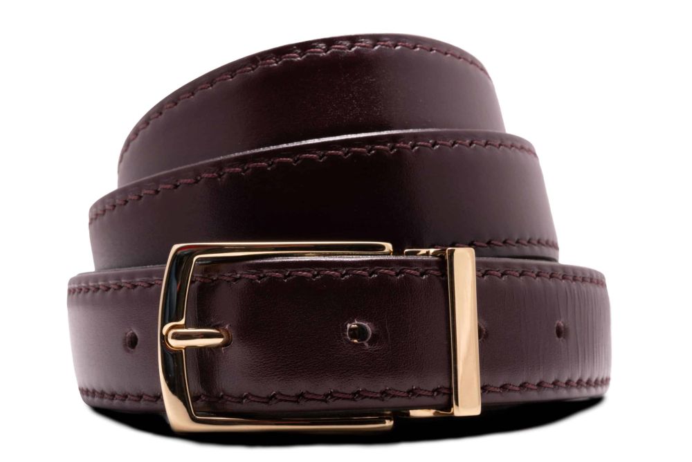 Bordeaux Cordovan Burgundy Oxblood boxcalf leather belt Benedict Gold Solid Brass Belt Buckle Exchangeable Oblong Rectangle with Gold Plating Hypoallergenic Nickel Free - Fort Belvedere