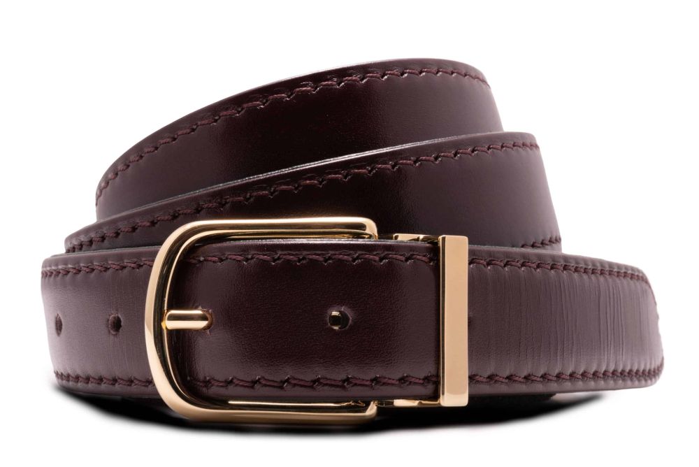 Burgundy Bordeaux Oxblood cordovan Red boxcalf leather belt with Jasper Gold Solid Brass Belt Buckle Rounded Rectangle Exchangeable with Gold Plating Hypoallergenic Nickel Free - Fort Belvedere