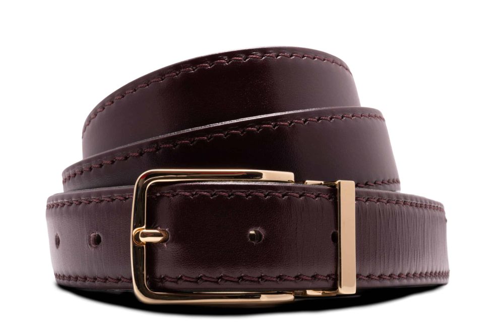 Bordeaux Burgundy Red Calf Leather Belt Aniline Dyed Cut-To-Size with gold Neville buckle in solid brass - Folded Edges 3cm x 120cm - Fort Belvedere