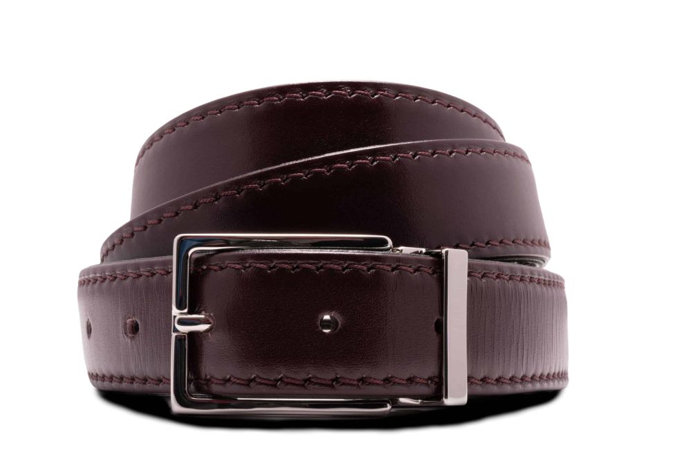 Bordeaux Burgundy Red Calf Leather Belt Aniline Dyed Cut-To-Size withplatinum silver Edward buckle in solid brass - Folded Edges 3cm x 120cm - Fort Belvedere