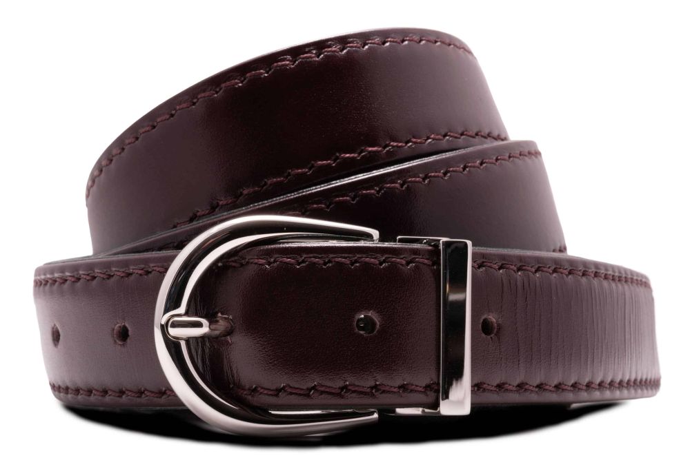 Bordeaux Burgundy Red Calf Leather Belt Aniline Dyed Cut-To-Size with palladium silver George buckle in solid brass - Folded Edges 3cm x 120cm - Fort Belvedere