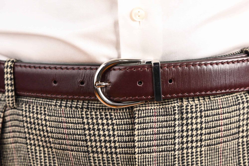 Angled stitching with folded edges on Bordeaux Belt with silver Alastair Buckle by Fort Bevledere