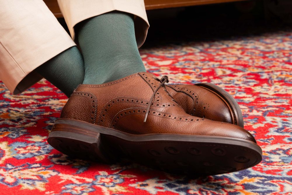Finest Socks In The World - Over The Calf in Bottle Green Silk with Chinos and Brown Scotch grain brogues