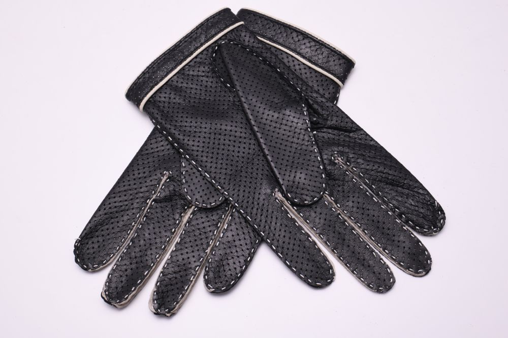 Black and Off-White Driving Gloves in Perforated Lamb Nappa Leather by Fort Belvedere
