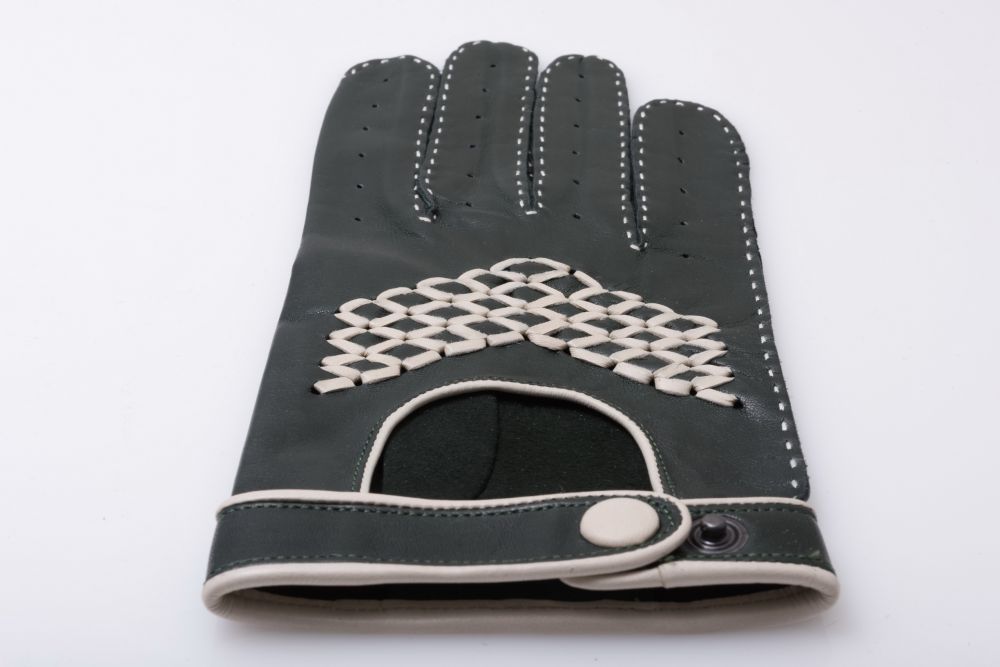 British Racing Green Driving Gloves in Lamb Nappa Leather with White Handmade in Hungary by Fort Belvedere