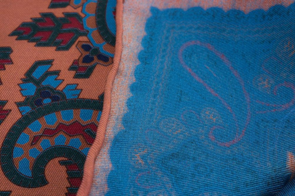 Bronze Orange Madder Silk Pocket Square with Turquoise,Green, Brown Large Paisley- Fort Belvedere - Back
