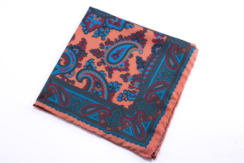 Bronze Orange Madder Silk Pocket Square with Turquoise,Green, Brown Large Paisley- Fort Belvedere