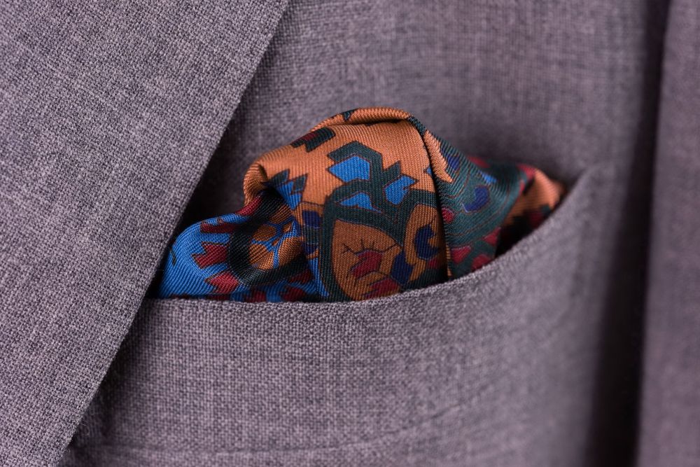 Bronze Orange Madder Silk Pocket Square with Turquoise,Green, Brown Large Paisley- Fort Belvedere with puff fold