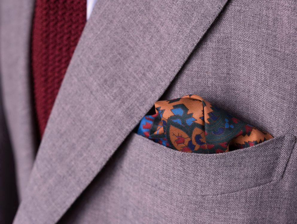 Bronze Orange Madder Silk Pocket Square with Turquoise,Green, Brown Large Paisley- Fort Belvedere with puff fold and burgundy knit tie