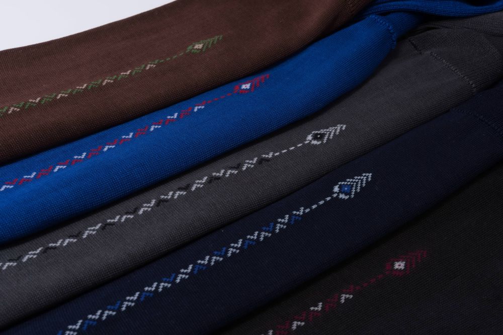 Brown, Blue, Grey, Navy, Charcoal Over the Calf Socks with Clocks in Luxury Fil d Ecosse Cotton in 4 Sizes Made in Italy by Fort Belvedere - Sideview