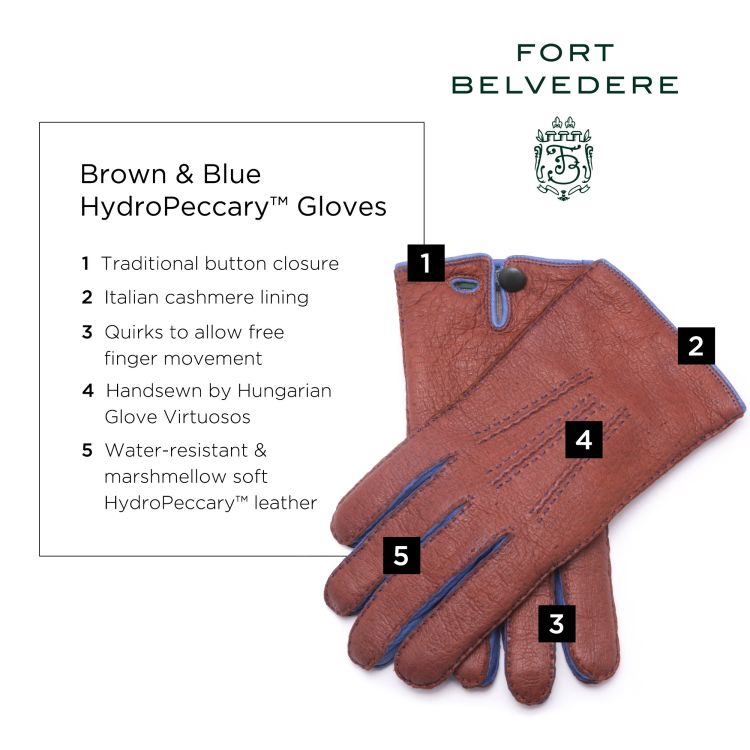 Brown and Blue Peccary Gloves Cashmere Lined Waterproof - Fort Belvedere