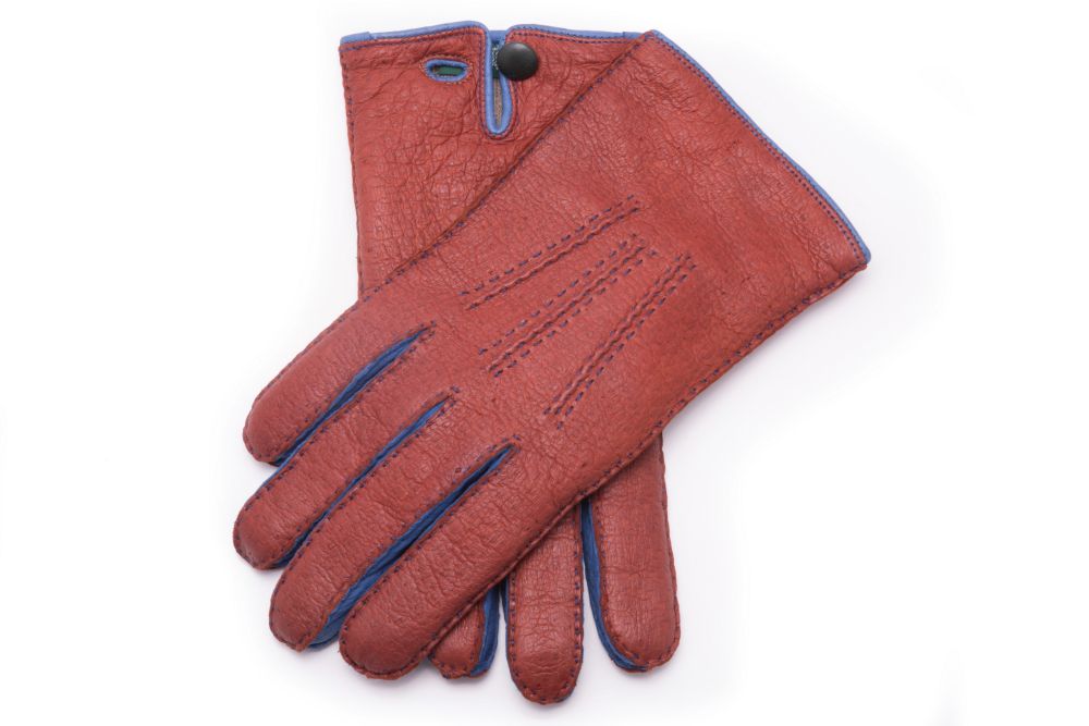 Brown and Blue Peccary Gloves Hydropecarry Handsewn Waterproof Cashmere Lined Waterproof - Fort Belvedere
