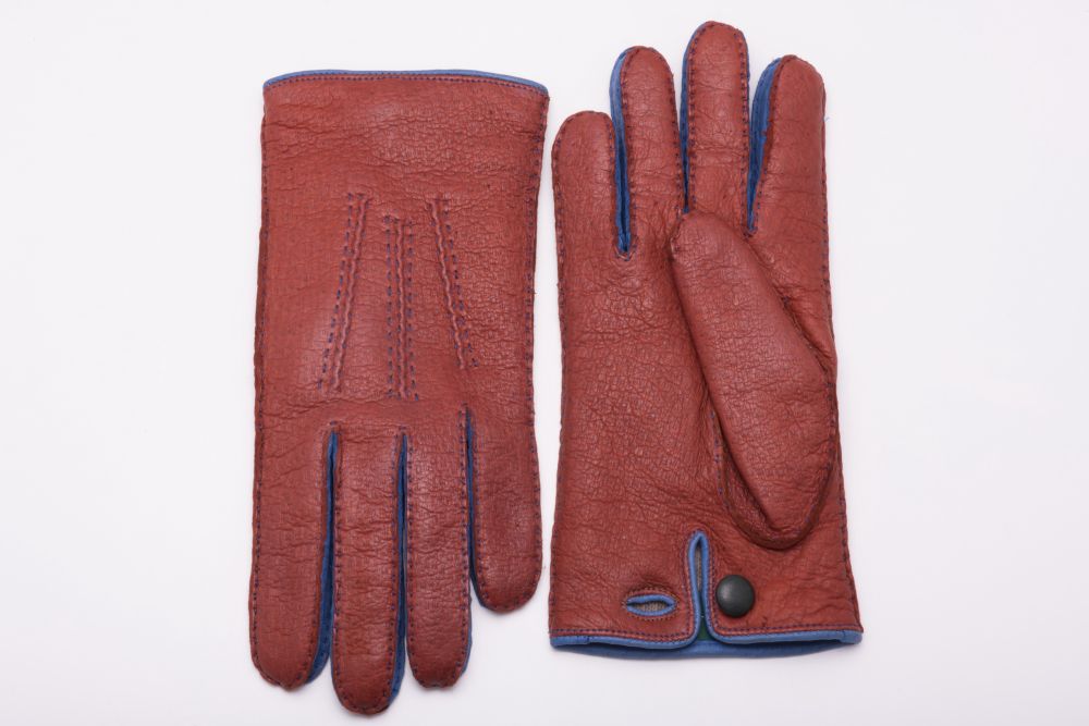 Brown and Blue Peccary Gloves Cashmere Lined Waterproof - Fort Belvedere