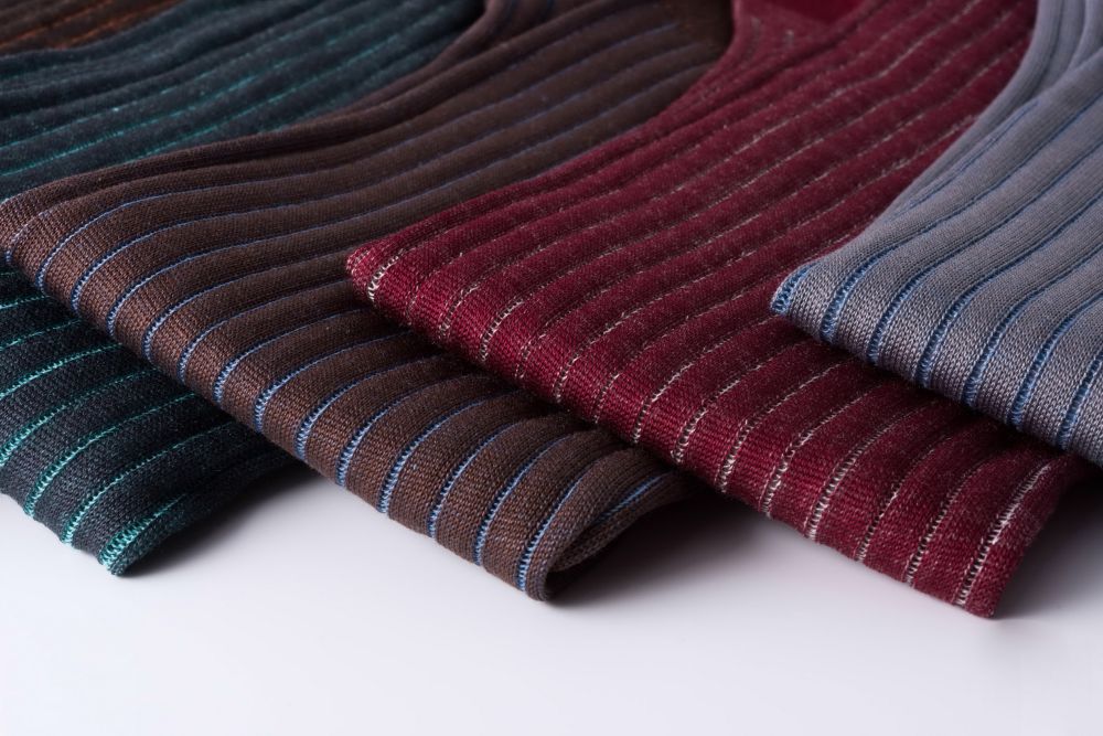Light Grey Burgundy, Brown Turquoise, Orange Ribbed Over the Calf Socks with Shadow Stripes Cotton Fil d Ecosse - Made in Italy by Fort Belvedere