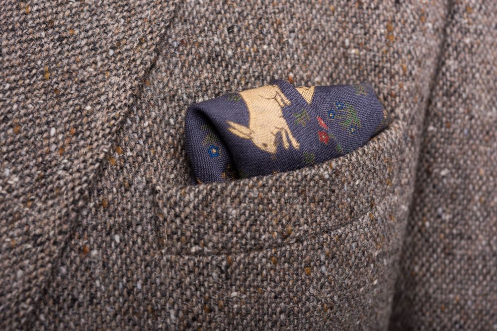 Buff Rabbits on Navy Blue with Green Silk Wool Pocket Square - Fort Belvedere