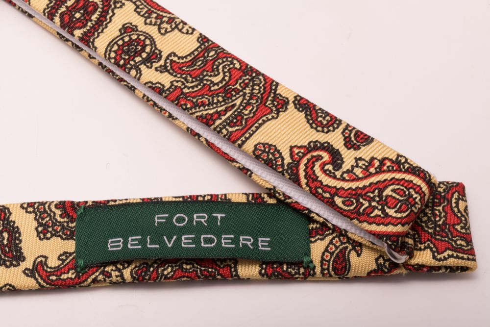 Ancient Madder Silk Paisley Bow Tie in Buff, Red, Black - Fort Belvedere