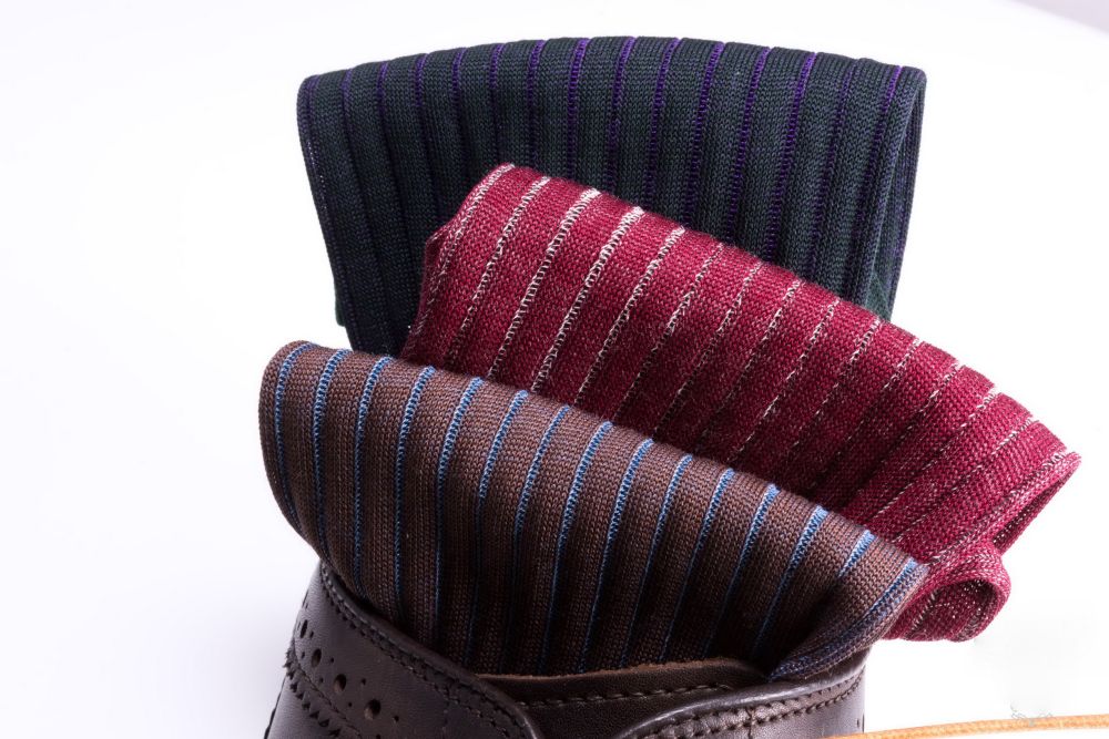 Burgundy, Brown and Turquoise Grey Ribbed Over the Calf Socks with Shadow Stripes Cotton Fil d Ecosse - Made in Italy by Fort Belvedere