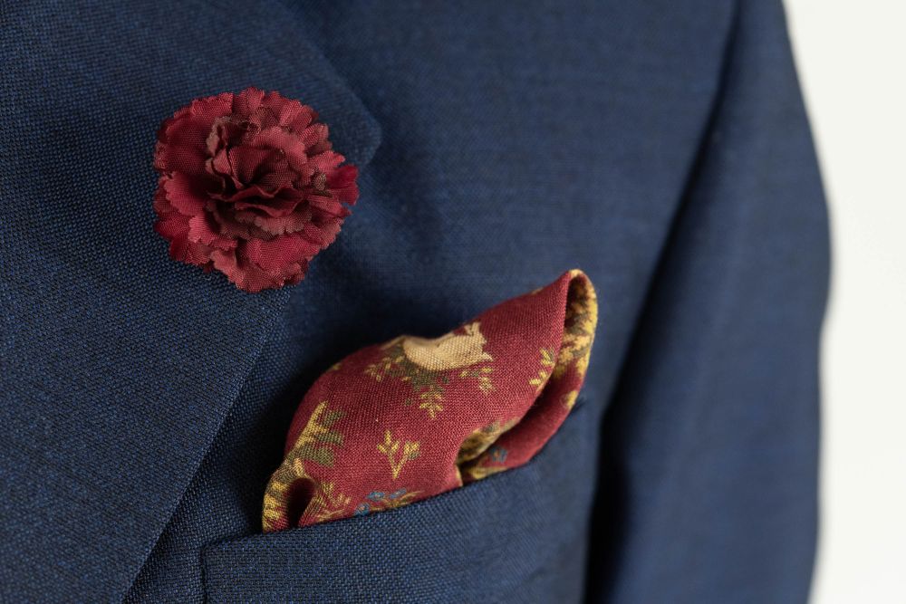 Burgundy Mini Carnation Silk Boutonniere Buttonhole Flower and Burgundy Silk Pocket Square by Fort Belvedere