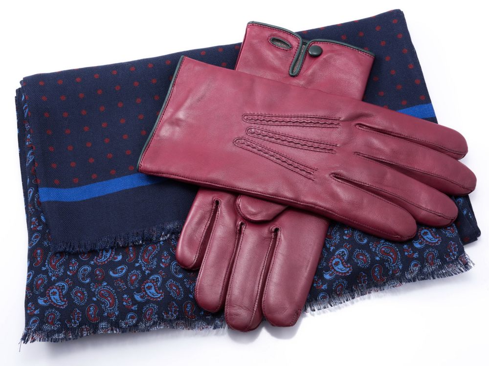 Burgundy Men Gloves with Folded Reversible Scarf in Navy Blue Red Silk Wool Polka Dots Paisley by Fort Belvedere