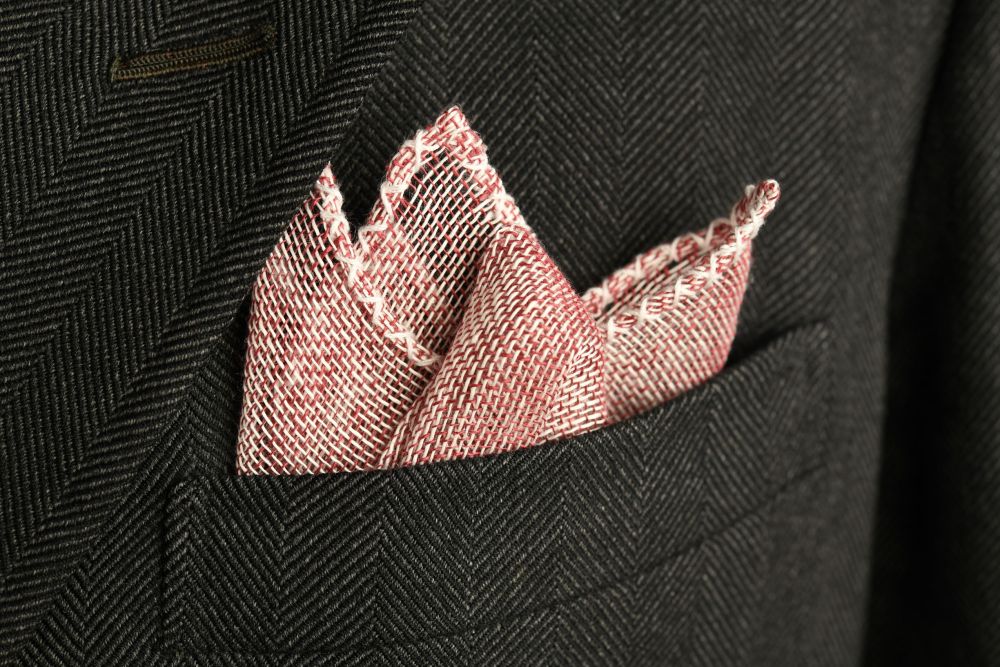 Burgundy Red Handcrafted Linen Pocket Square with White Handrolled X Stitch - Fort Belvedere