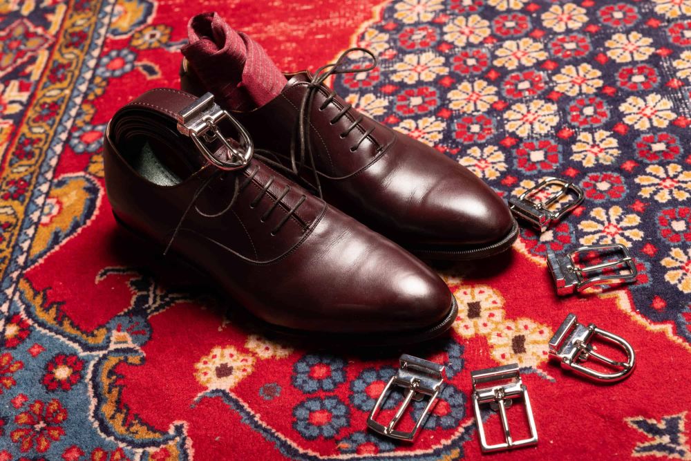 Burgundy Red Shoes with Bordeaux belt and silver buckles