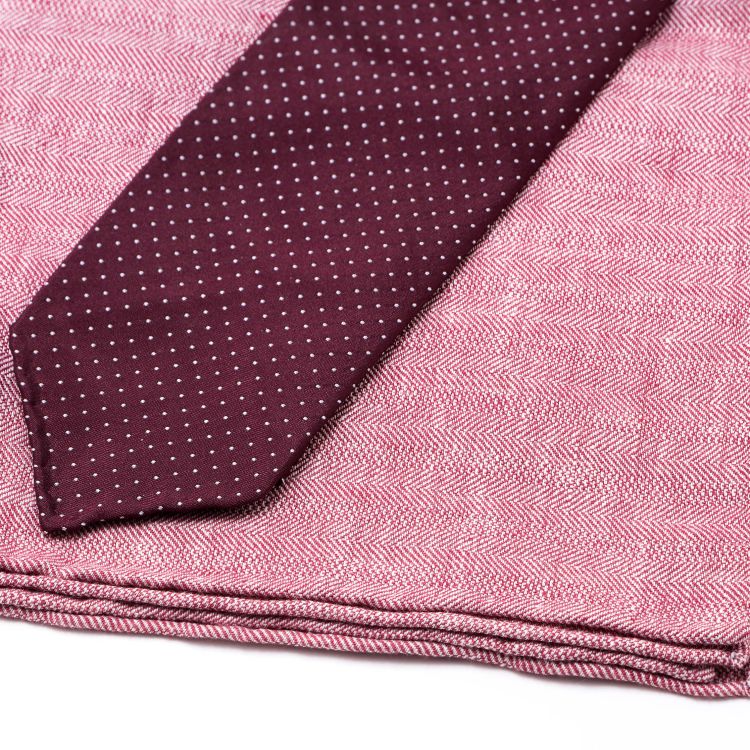 Silk Tie in Jacquard Burgundy Red with White Polka Dots and Wool Linen Pocket Square in Red & White Herringbone