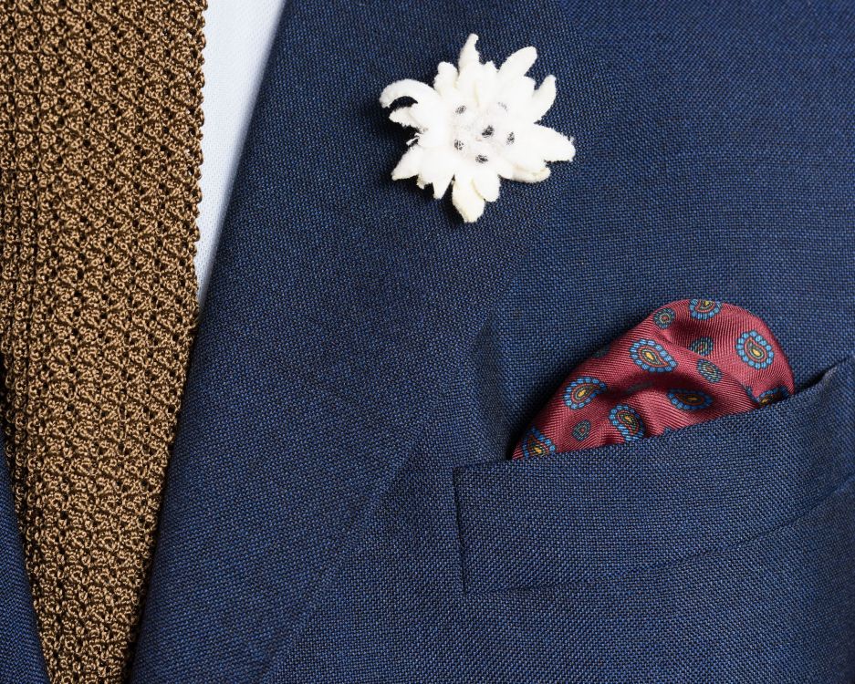 Burgundy Silk Pocket Square with little Paisley with Edleweiss Boutonniere and Knit Tie in Tobacco Brown Silk