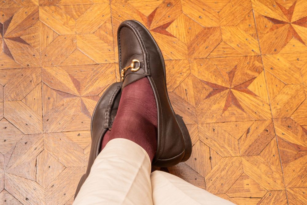 Dark Brown Gucci Loafers worn with Finest Socks In The World - Over The Calf in Burgundy Silk with Chinos 