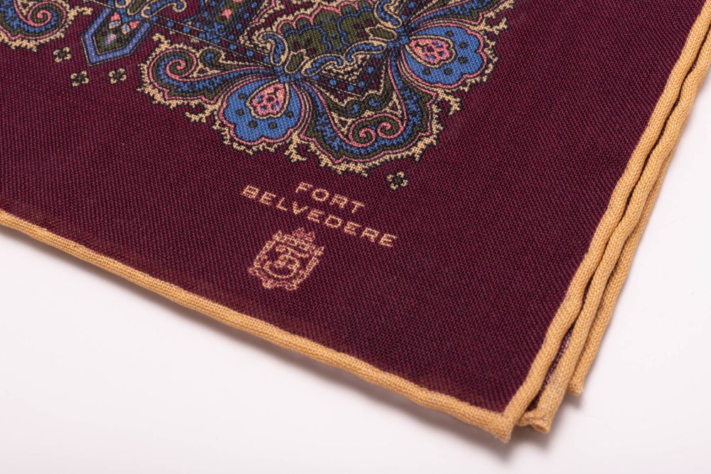 Burgundy Silk Wool Pocket Square with Paisley in Beige, Blue, Green and Pink and beige shoestring edge - Fort Belvedere