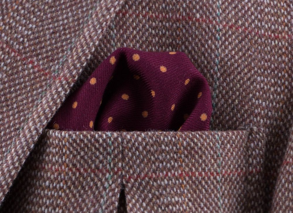 Burgundy Wool Challis Pocket Square with Yellow Polka Dots in Puff Fold by Fort Belvedere