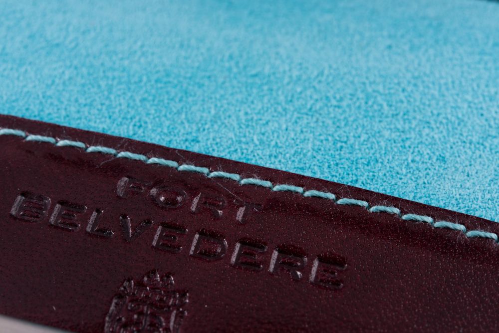 Business Card Case Burugndy Calf Leather with Turquoise Lamb Leather Lining with embossed Fort Belvedere Logo