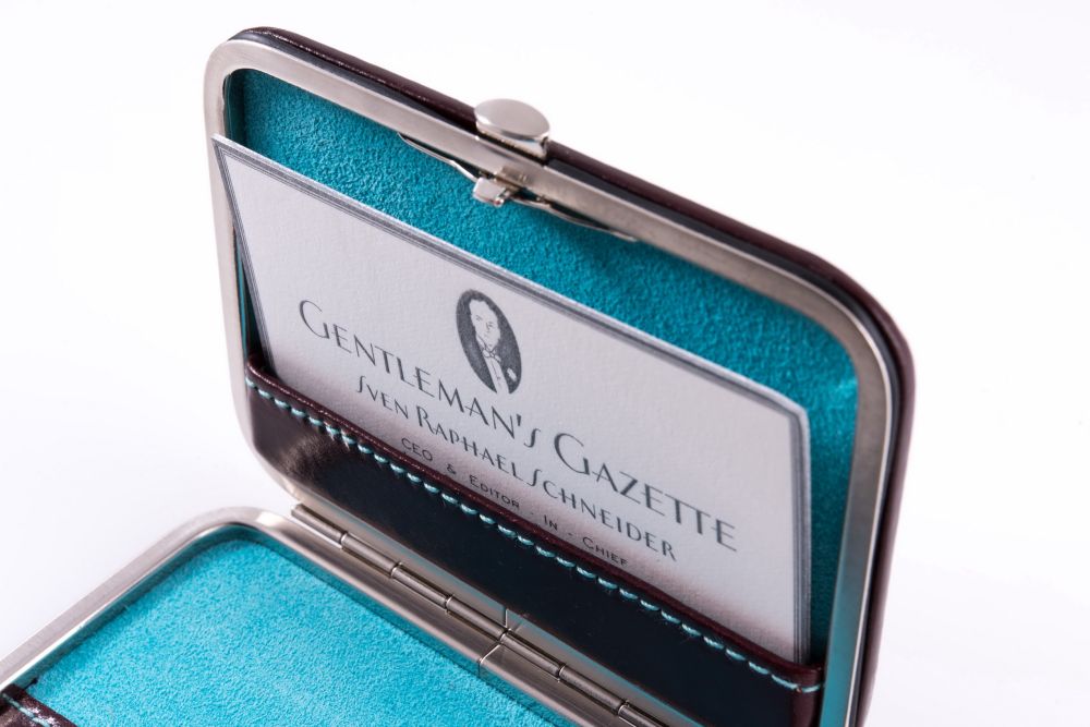 Business Card Case Burugndy Calf Leather with Turquoise Lamb Leather Lining by Fort Belvedere with engraved Gentlemans Gazette Card