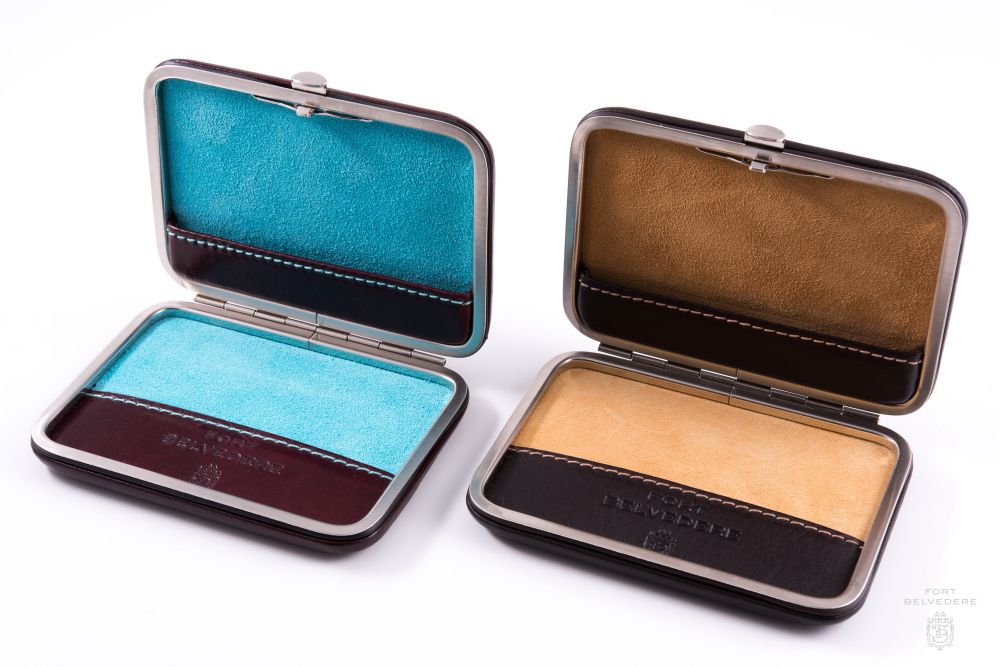 Business Card Case Burugndy Calf Leather with Turquoise Lamb Leather Lining & Dark Brown Bison Leather with Tan Lamb Leather Lining