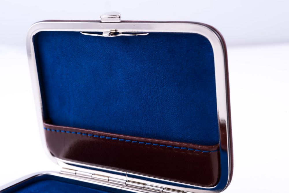 Business Card Case in Whiskey Brown Leather with Luxurious Goat Velour in Capri Blue lining by Fort Belvedere