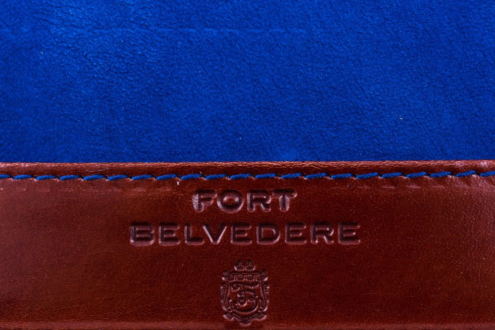 Luxurious Whisky Brown Longgrain Leather, blue goat velour leather and contrast stitching by Fort Belvedere