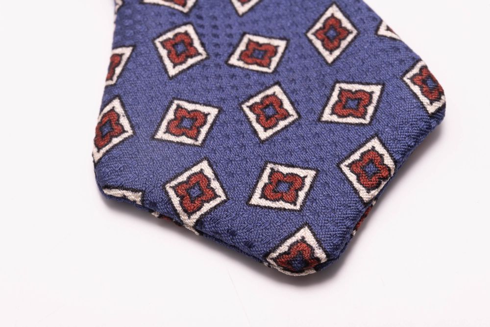Butcher Blue Jacquard Woven Bow Tie with Printed Brown and White Diamonds - Fort Belvedere