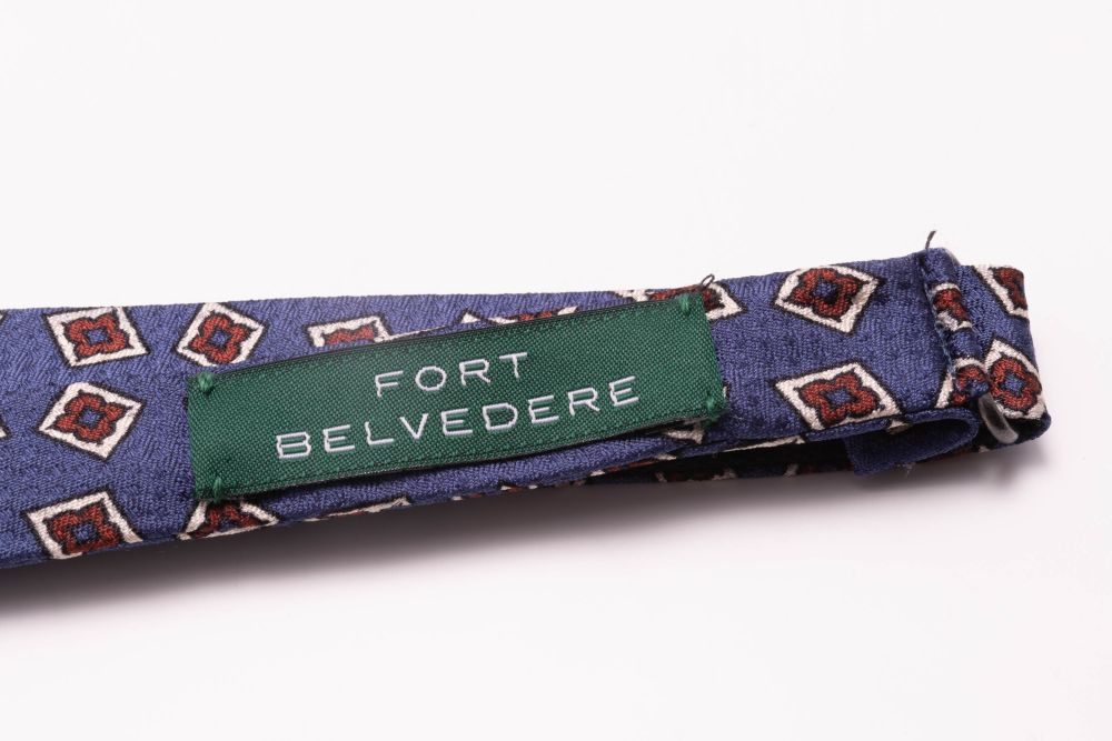 Butcher Blue Jacquard Woven Bow Tie with Printed Brown and White Diamonds - Fort Belvedere