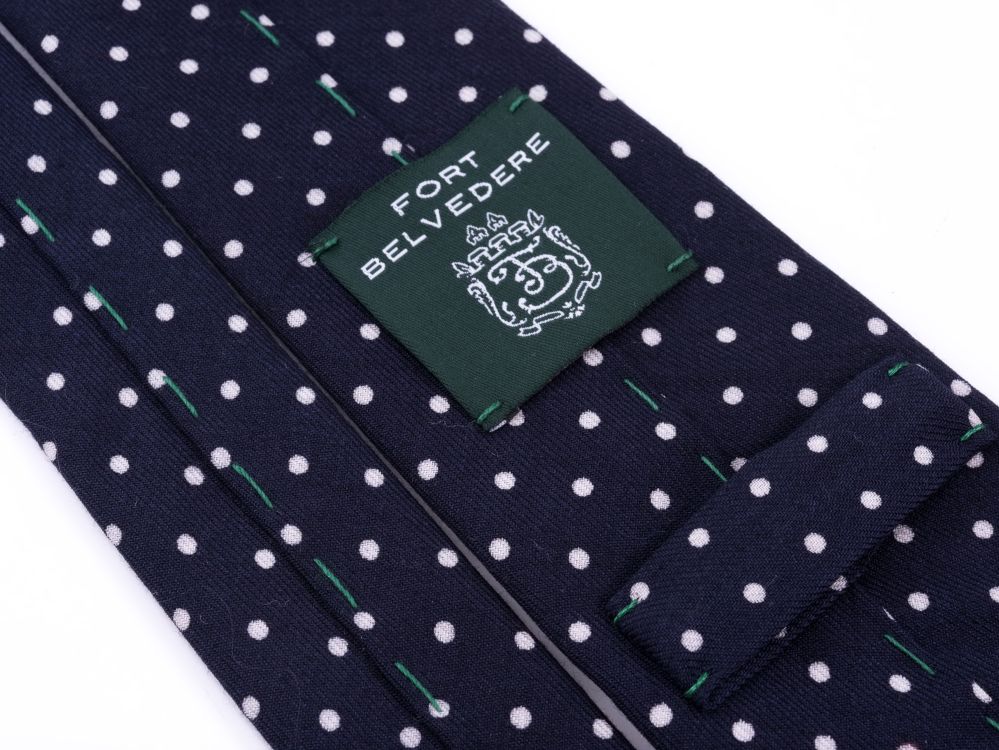 Handmade English Wool Challis Tie in Navy with White Polka Dots 9cm width - Fort Belvedere made by hand