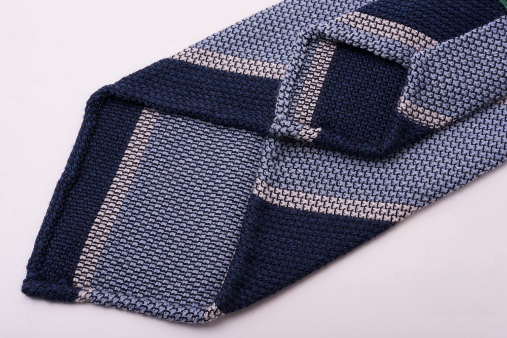 Cashmere Wool Grenadine Tie in Dark Blue, Light Blue, Off White Stripe - Fort Belvedere
