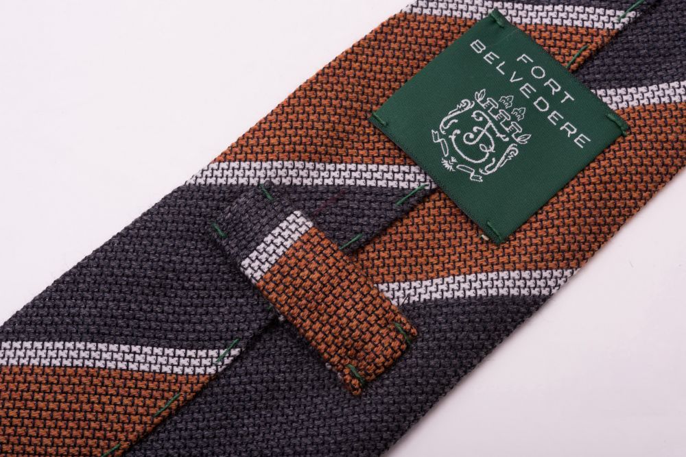 Cashmere Wool Grenadine Tie in Orange, Gray Wide Stripe - Fort Belvedere
