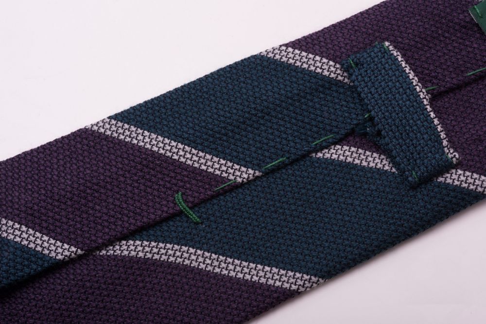 Cashmere Wool Grenadine Tie in Purple, Petrol Blue, Light Grey Stripe - Fort Belvedere