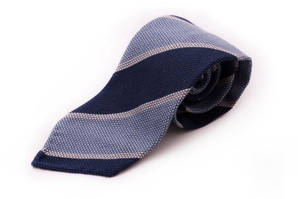 Cashmere Wool Grenadine Tie in Dark Blue, Light Blue, Off White Stripe - Fort Belvedere
