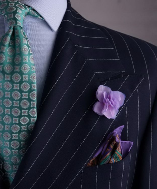 Chalk stripe suit by Ralph Lauren Purple Label with Hydrangea Silk Petals and green silk jacquard tie