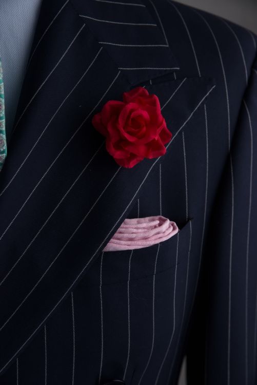 Chalk stripe suit by ralph lauren purple label with red spray rose and pocket square in light pink textured linen by fort belvedere